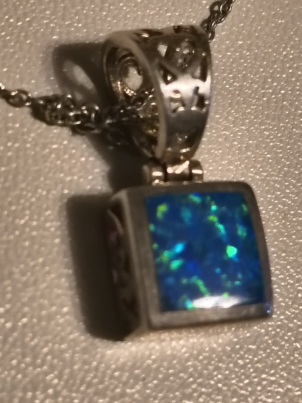 Vintage Sterling Silver & Blue Opal Square Pendant Necklace - Women Jewelry